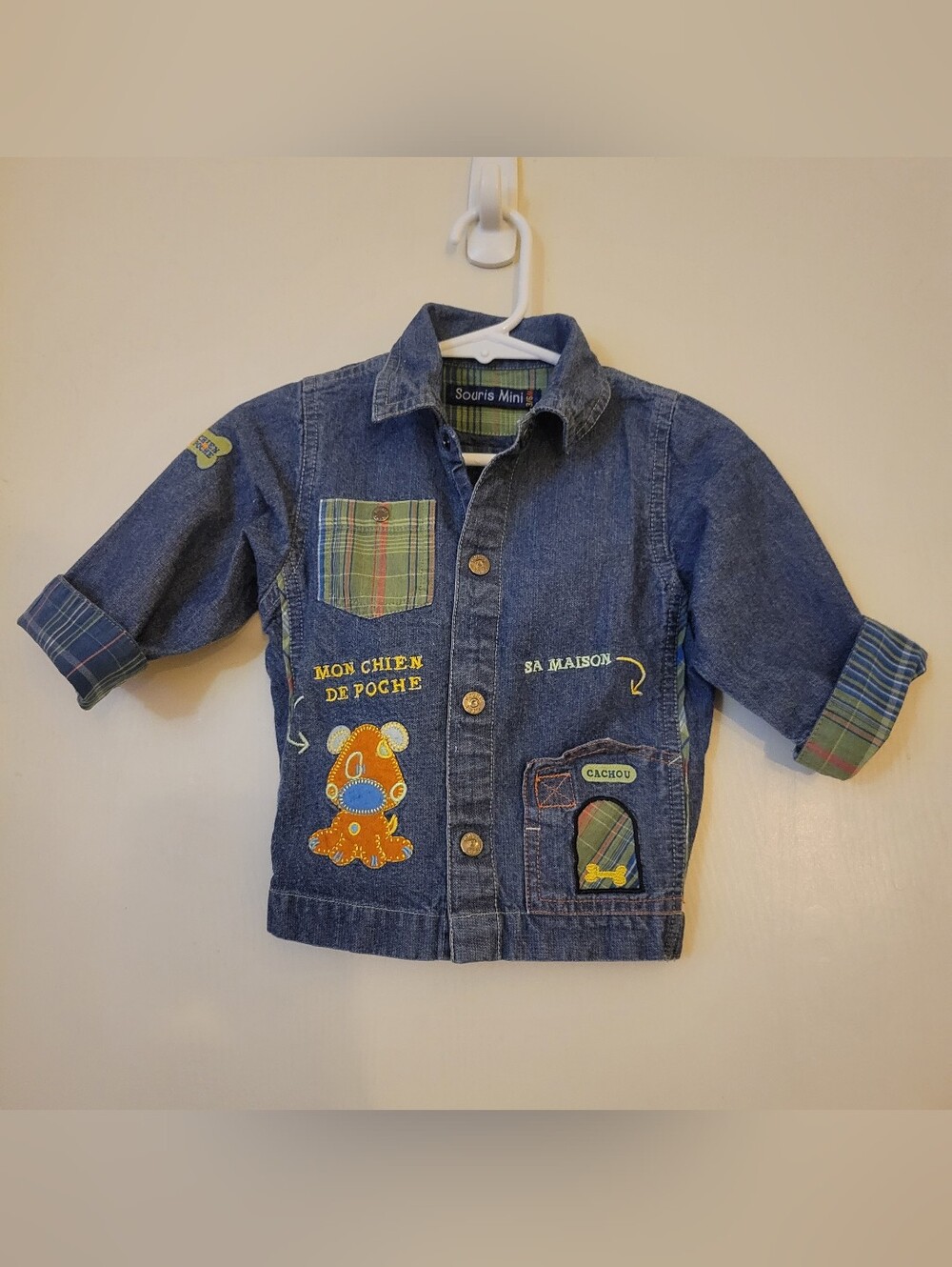 Vintage Souris Mini Kids Denim Dog Embroidered Shirt Jacket Plaid Trim
